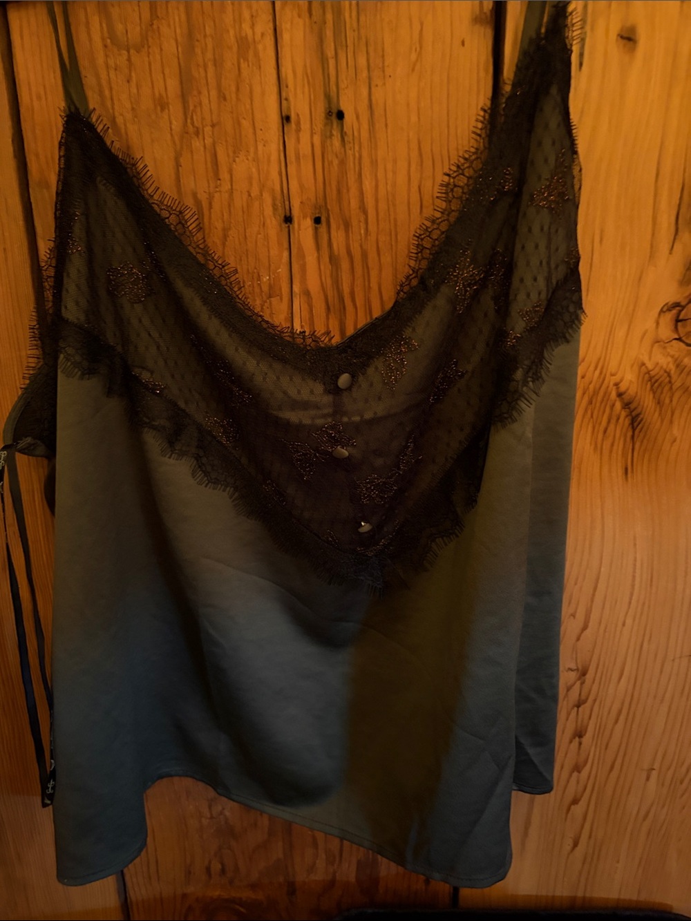 Jessica Simpson Slate Green Satin Chemise with Black Lace Trim